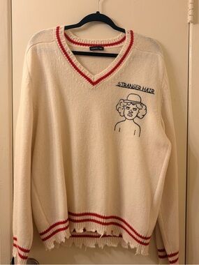 Riccardo Comi Stranger Hair Cream V-Neck Sweater with Red Trim